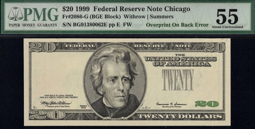 1999 $20 FRN 3RD ON REVERSE P.M.G #55