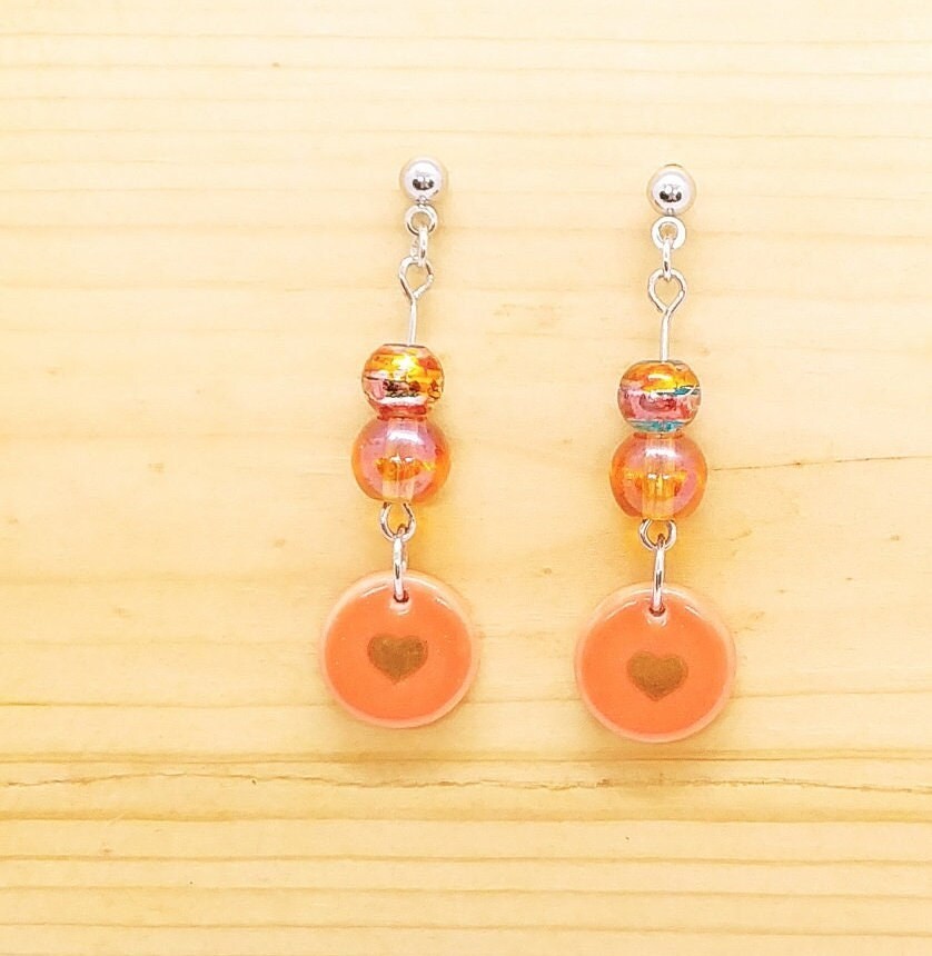 Handmade Orange Heart Accent Beaded 1.5" Dangle Earrings