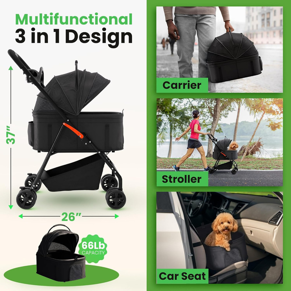 Pet Stroller 3 in 1 Foldable Dog Stroller, Cat Strollers, Foldable Pet Strollers