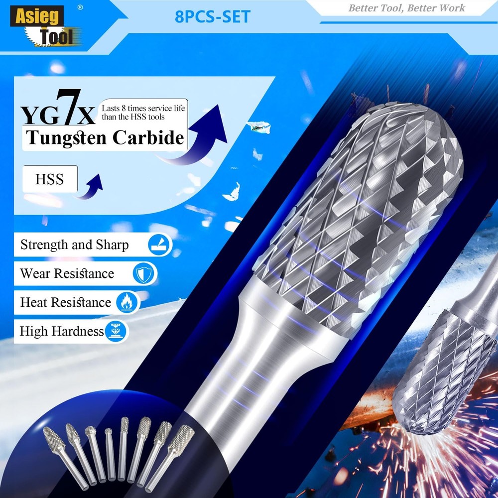 Carbide Burr Set 8pcs with 1/4''Shank Double Cut Solid Power Tools Tungsten C...