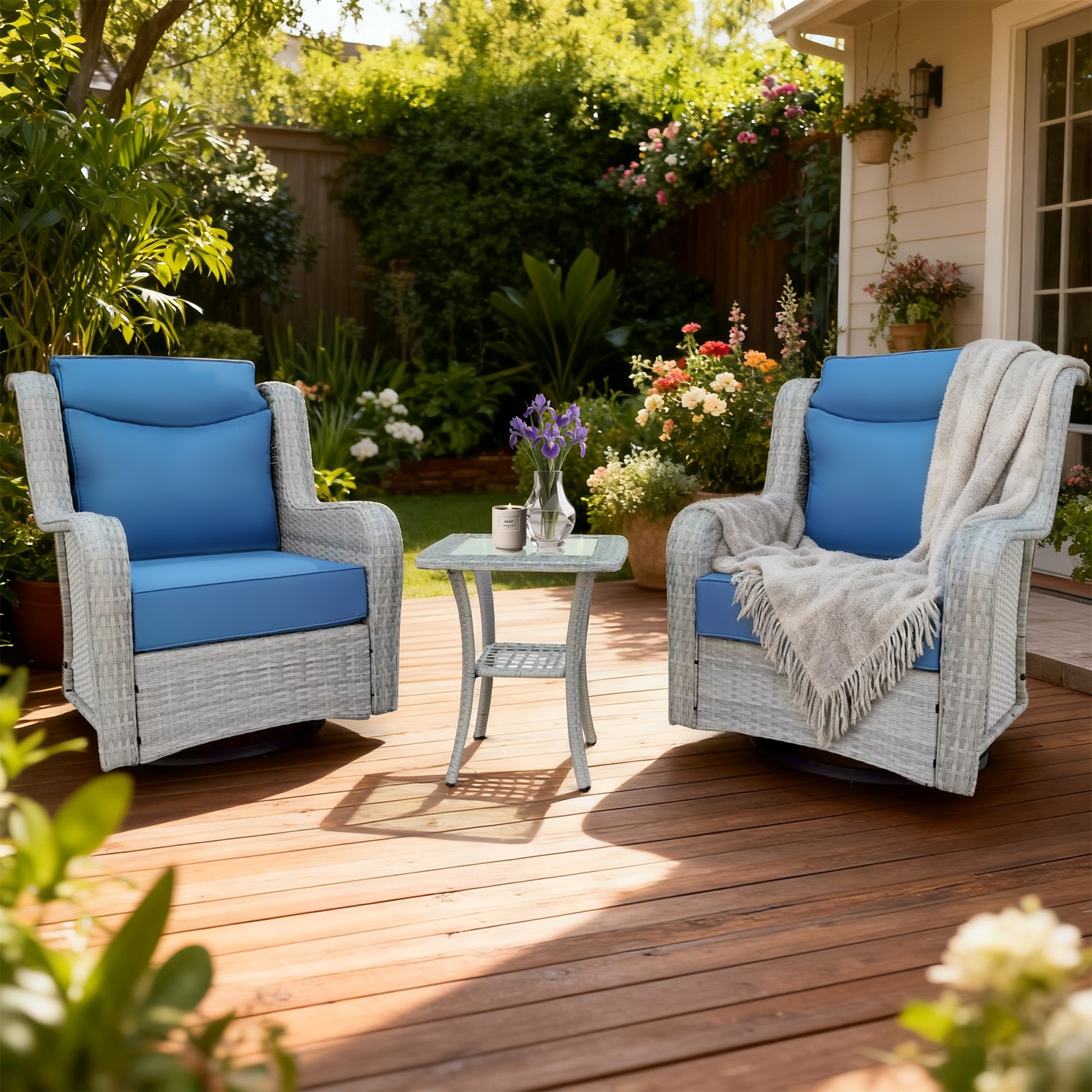 Wicker Patio 360° Swivel Rocker Chairs, Outdoor Glider, 3PC Patio Chairs Set