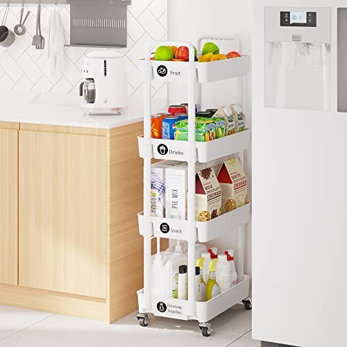 Storage Carts,Multifunction Utility Rolling Cart Kitchen Storage 4-Tier White