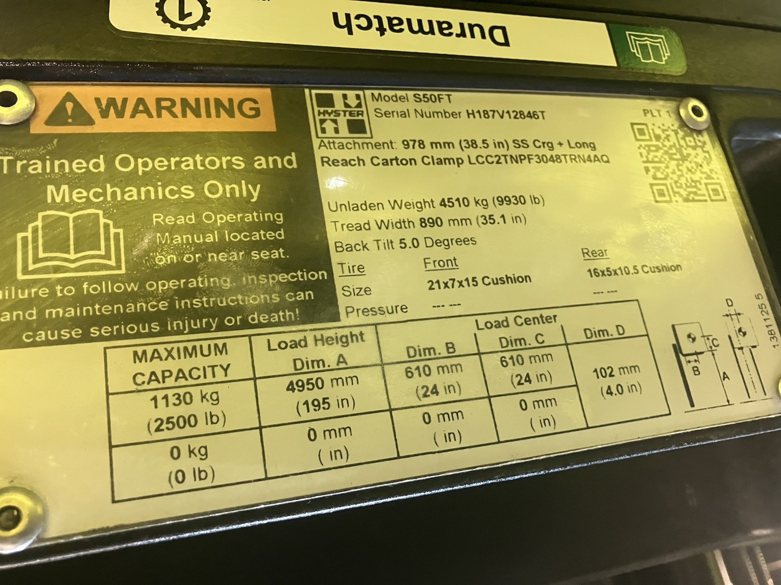2019 Hyster 5000 LB Forklift with Carton Clamp and 3 Stage Mast