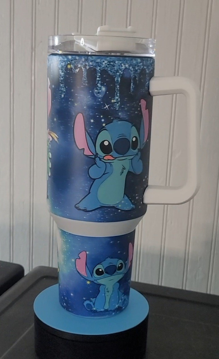 40oz Blue Glow In The Dark Cosmic Stitch Tumbler straw, lid