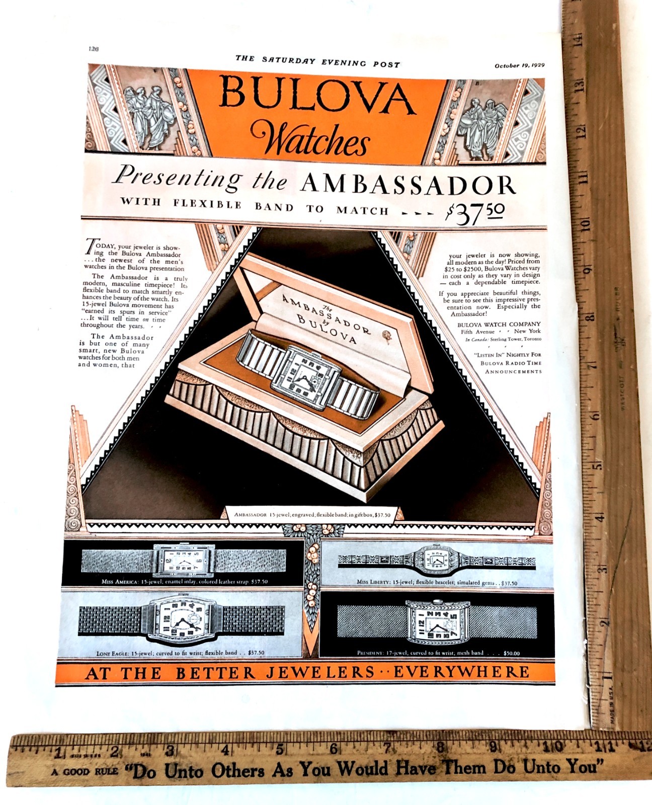 Vintage 1929 Bulova Watches Advertising Sign Original Ad