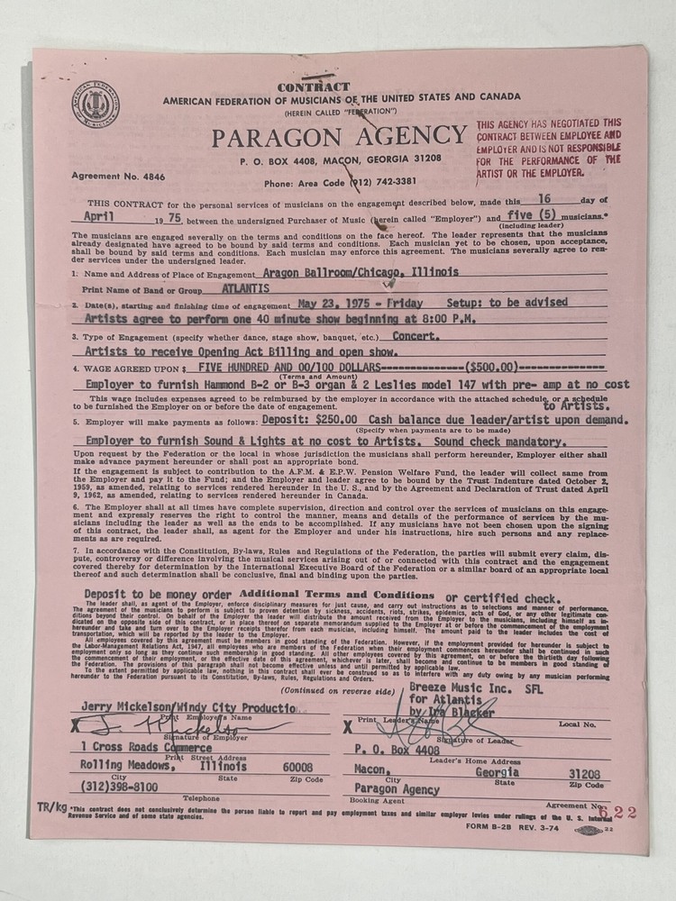 Atlantis Concert Contract 1975 Chicago IL