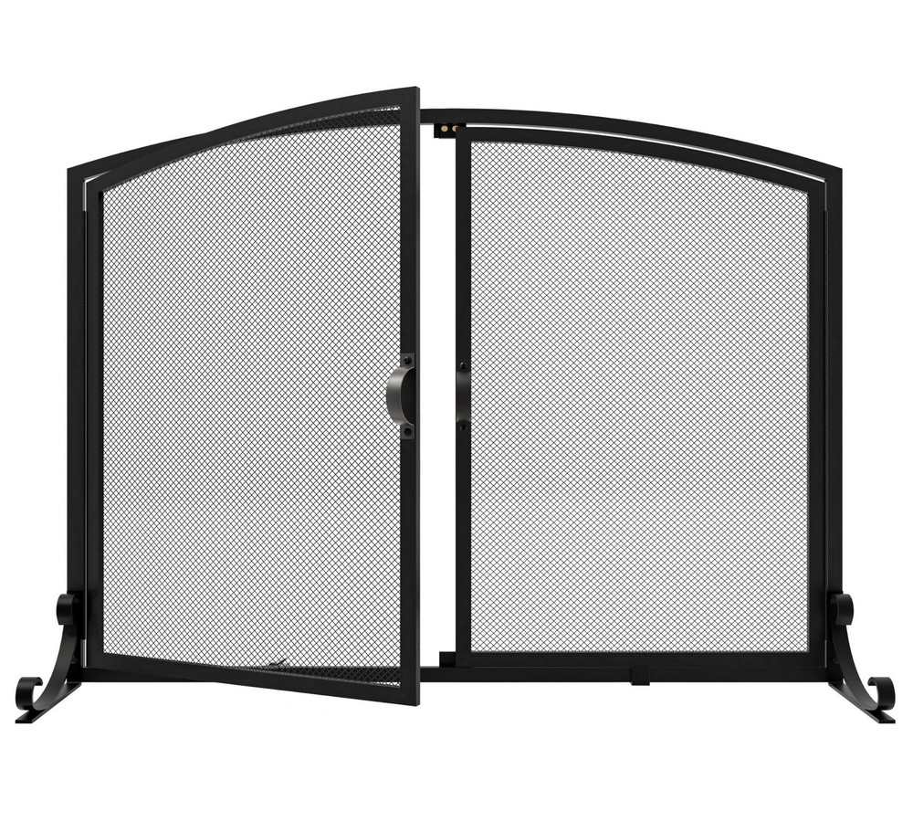 2-Pannel Fireplace Screen with Doors, Handcrafted Solid Mesh,Stable Adjustabl...