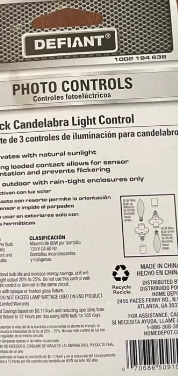 Defiant Photo Controls: 3-pack Candelbara Light Control Activates With Sunlight