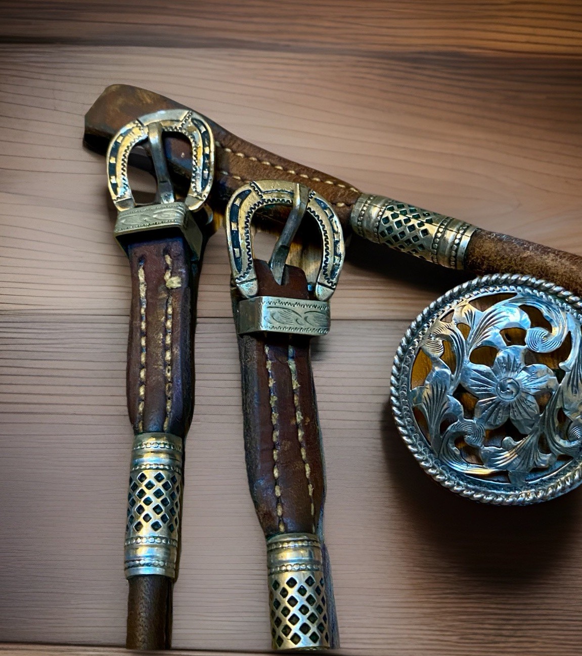 Vntg Poco Western Bridle & Romel Reins Silver Ferrule Fleming Filigree Sterling