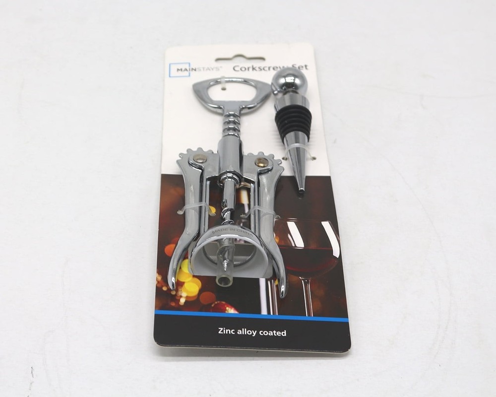 Stainless Steel Wing Corkscrew and Wine Stopper Set, Silver
