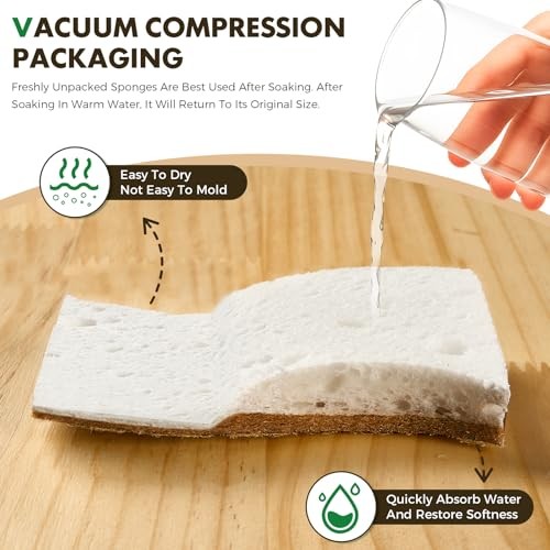12 Pack Natural Biodegradable Kitchen Non Scratch Sponges,Compostable Plant