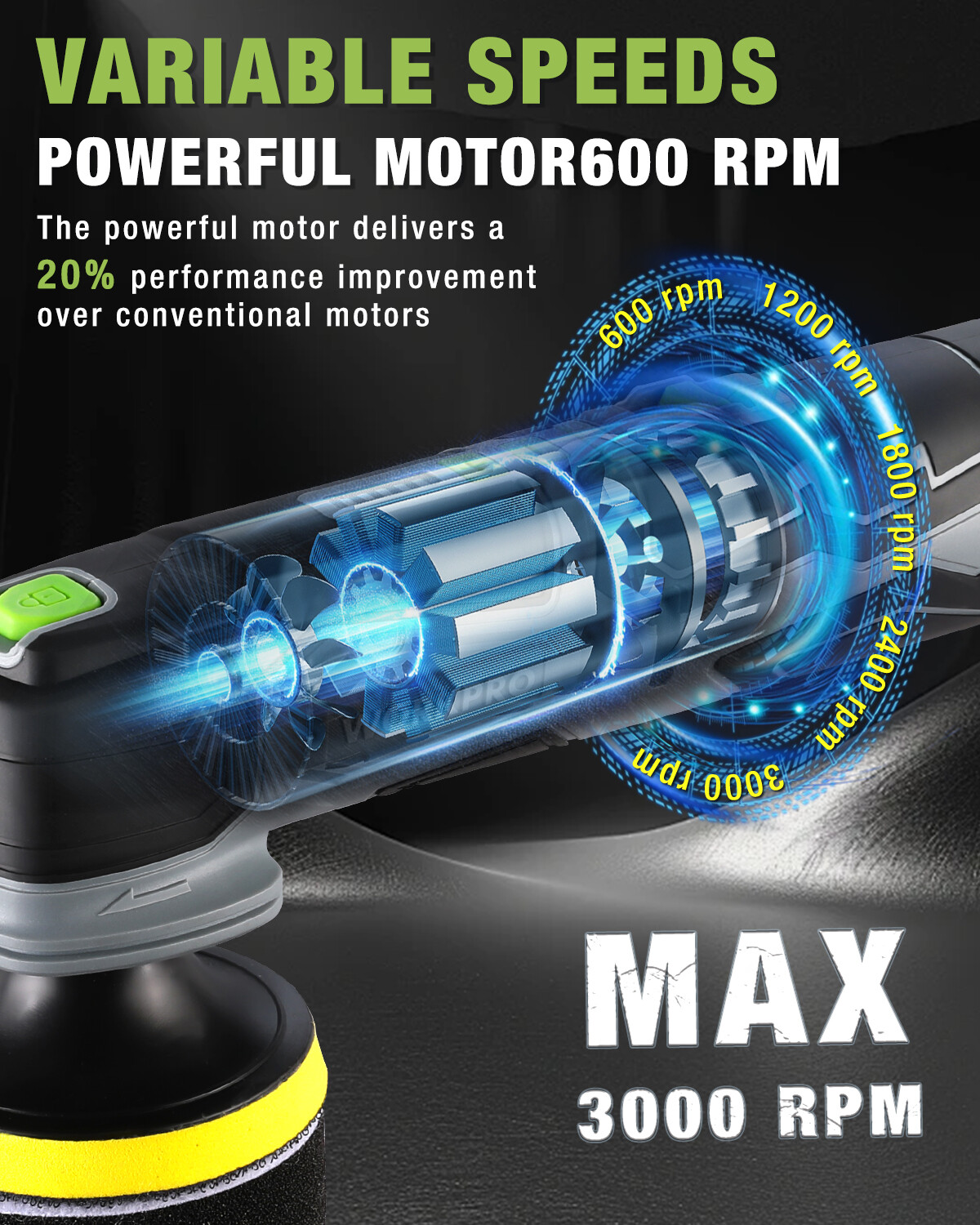 WORKPRO Cordless Mini Buffer Polisher 12V 5 Variable Speed Up to 3000RPM Battery