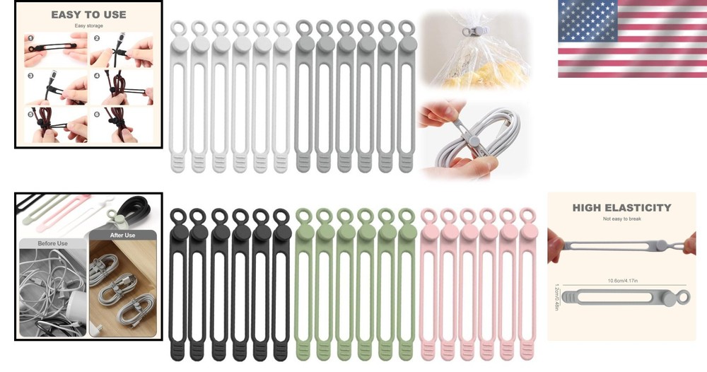 20-Pack Adjustable Pink Silicone Cable Ties - Flexible Organizer for Electronics