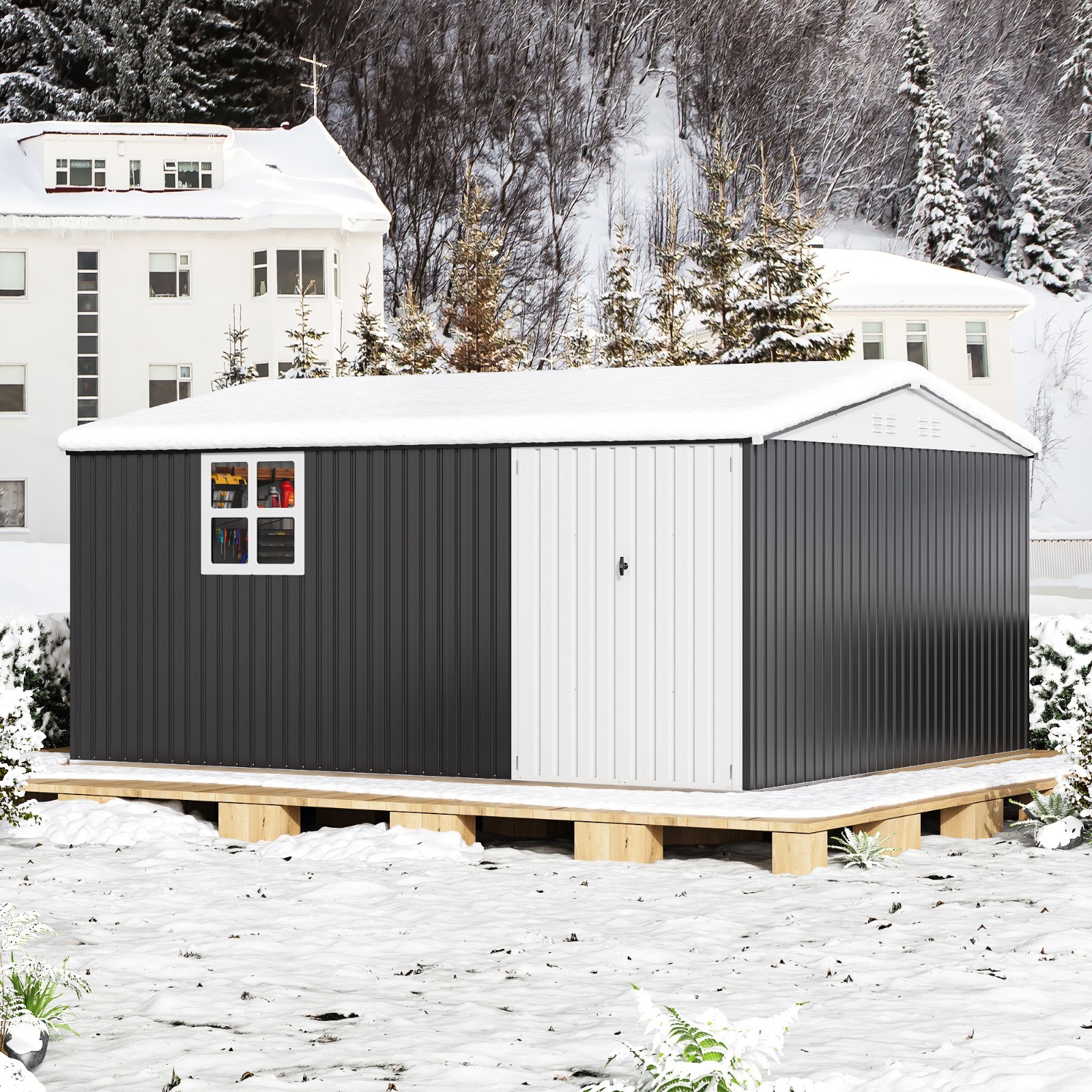 12x14 FT Outdoor Metal Storage Shed with Window,Lockable Metal Garden Tool Shed