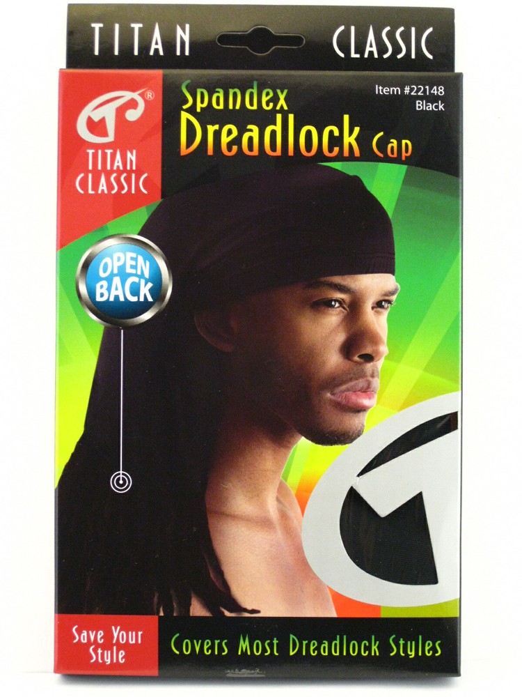 TITAN CLASSIC SPANDEX OPEN BACK DREADLOCK CAP - BLACK  (22148)