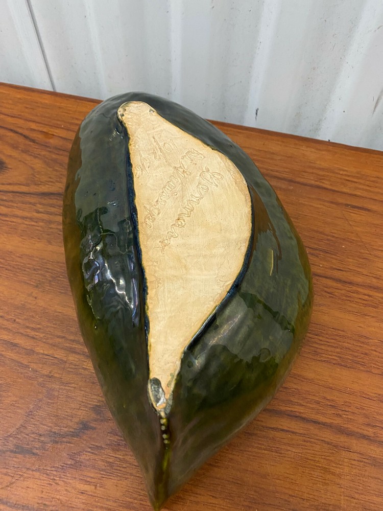Vintage 1963 Drip Glazed Pottery Leaf Bowl / Planter Signed & Dated