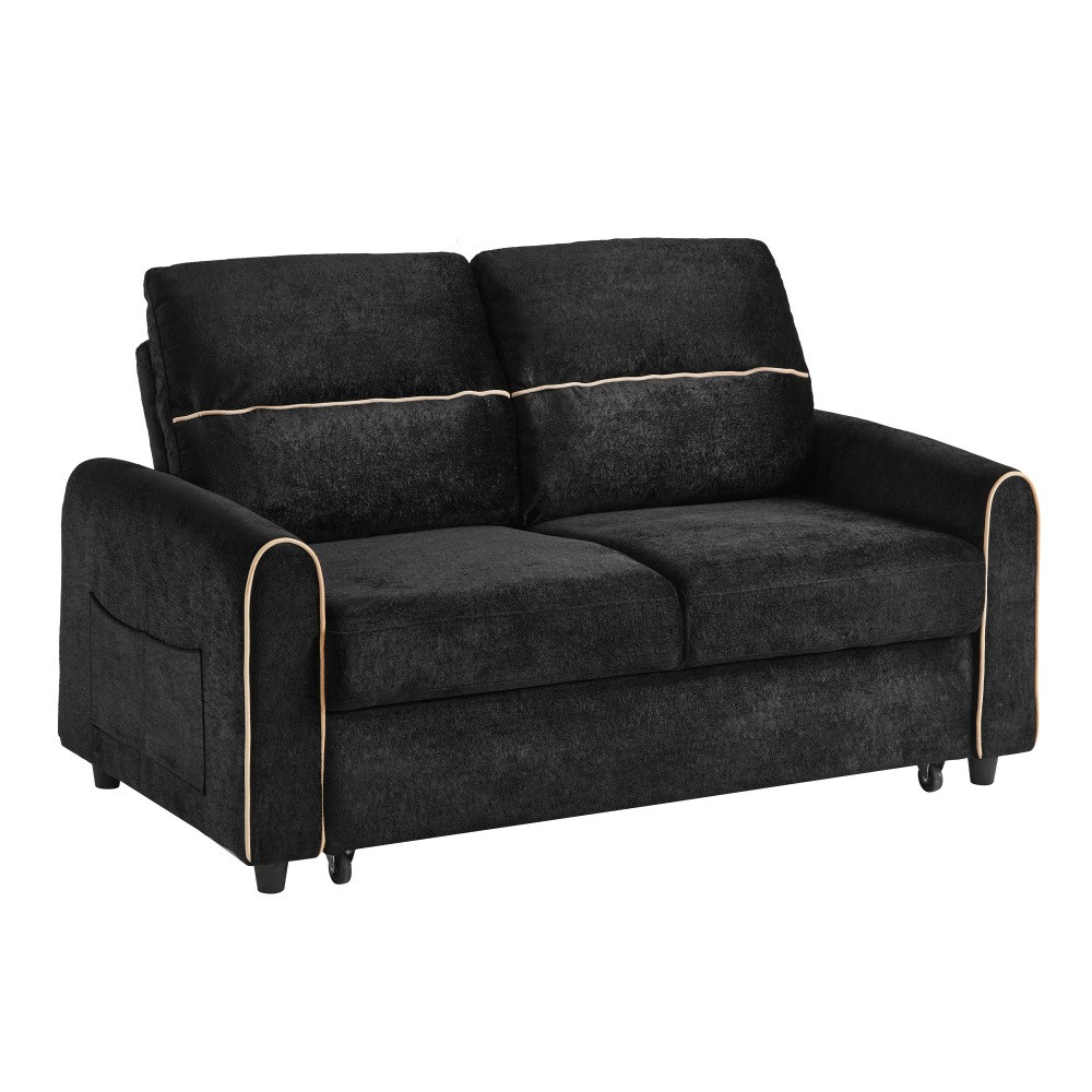 Chenille Sofa Bed Pull Out Sleeper w/ USB Charging, 3-Position Backrest Black