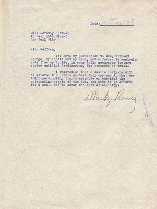 MICKEY ROONEY - DOCUMENT SIGNED 10/30/1939