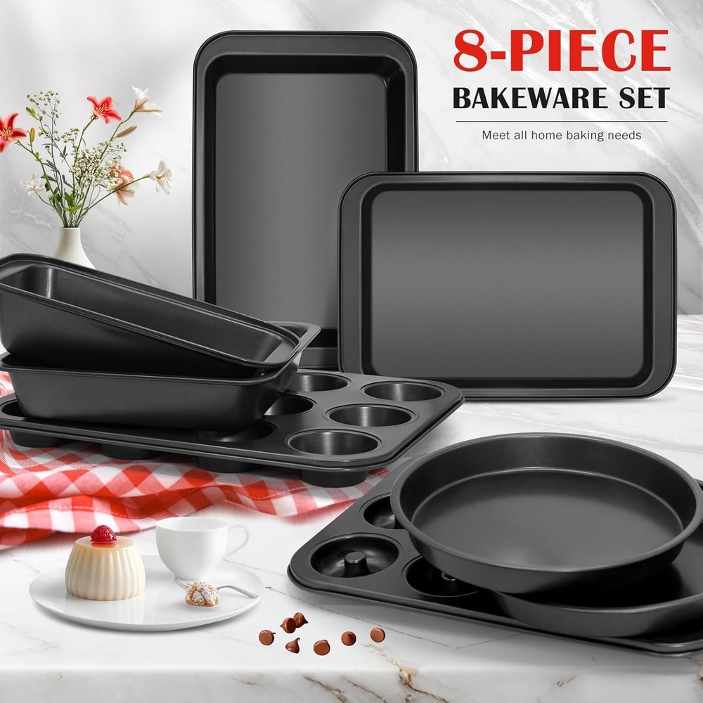 Bakeware Sets Nonstick Baking Pans Set 8 Piece Including Donut Pan,2 Round Cake
