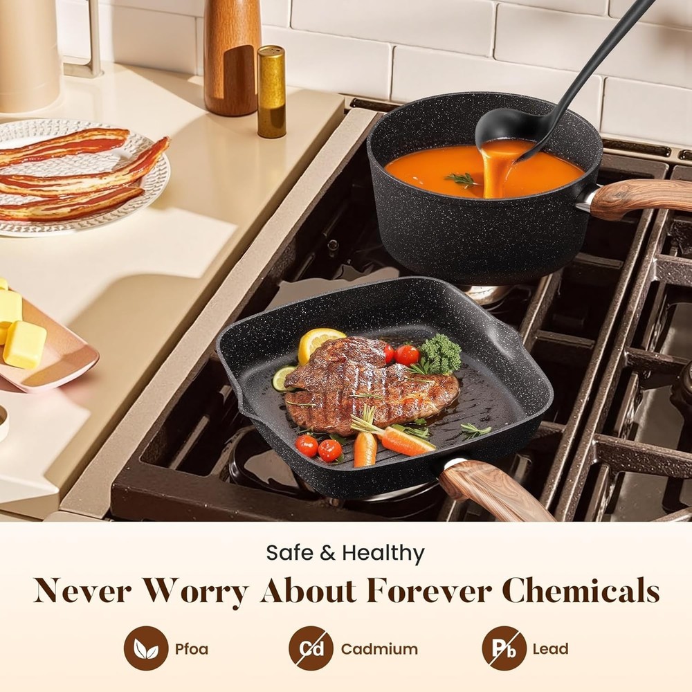 Kitchen Induction Cookware & Bakeware Set - 30 Piece Black Granite Cooking Pa...