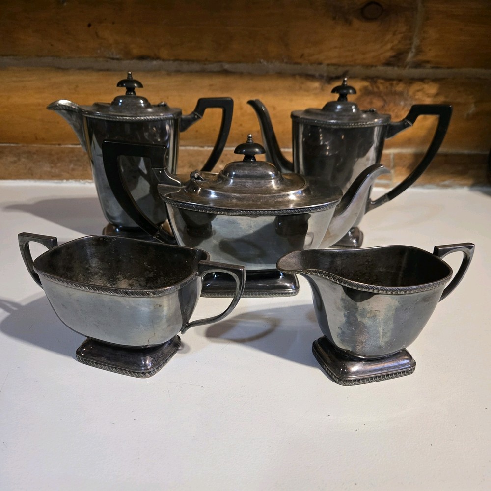 Hecworth Scheffield Tea Coffee Set Silverplate Brutalist Gothic Aged Patina 5 Pc