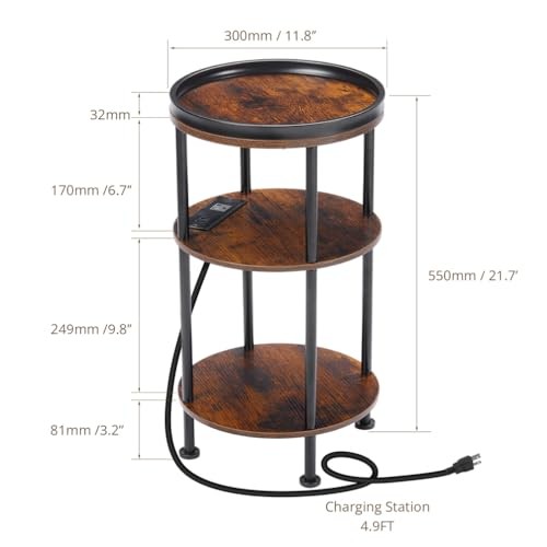 Small Round Side Table with Charging Station for Small Rustic Brown USB Charger