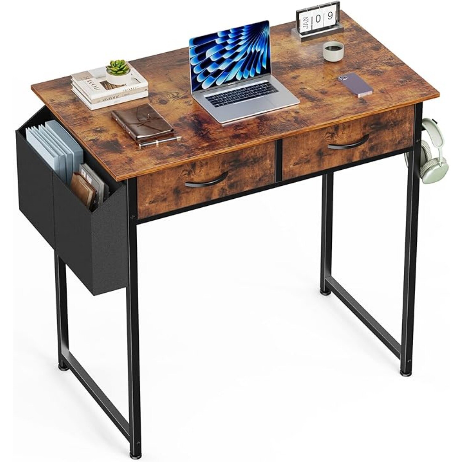 Office Computer Desk 32in Small Home Table with 2 Fabric Drawers & Side Bags