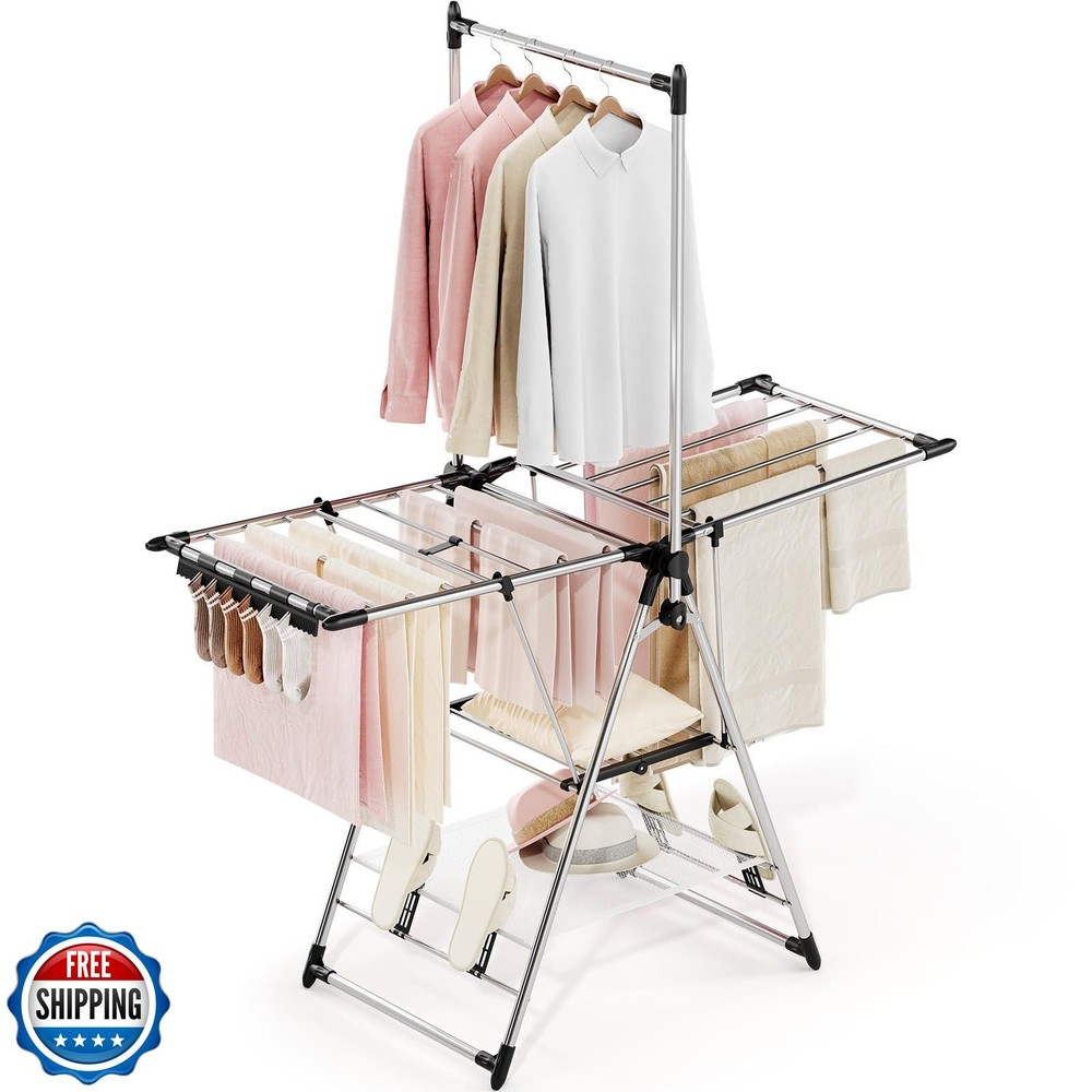 APEXCHASER Clothes Drying Rack with High Hanger, Foldable 3-Level Drying Rack