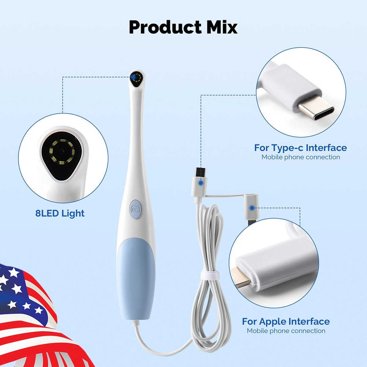 USB-C Intraoral Camera 1920*1440P HD 8 LED Auto Focus Apple Android Dental