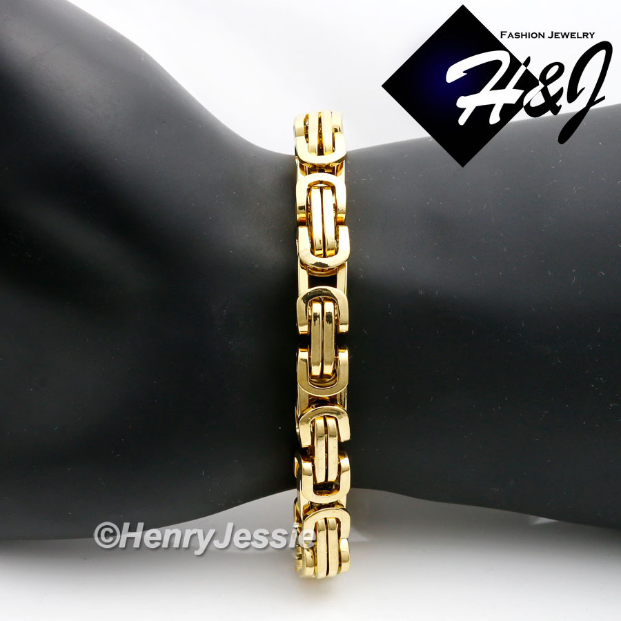 7.5"-11"MEN Stainless Steel 9mm Gold Plated Byzantine Box Link Chain Bracelet