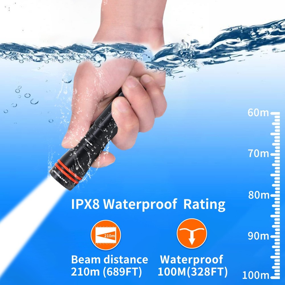D2A Diving Flashlight Mini Scuba Dive Headlamp Underwater 100M Backup (Black)