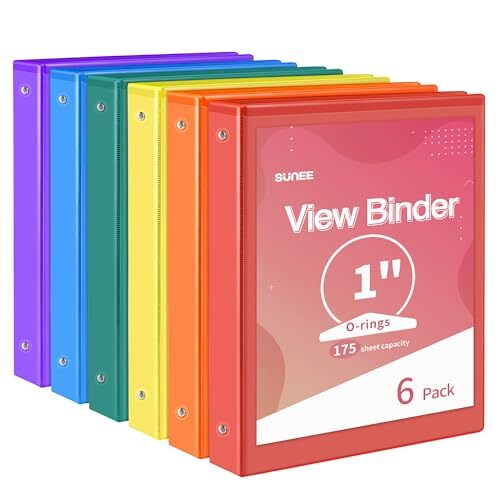 3 Ring Binder 6 Pack, Clear View Binder Three Ring 1 Inch Classic Assortment