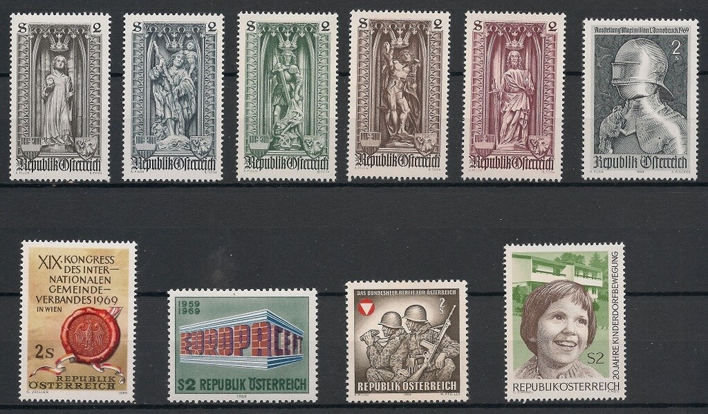 Austria Stamps 1969 10 Stamp Unmounted Mint Selection