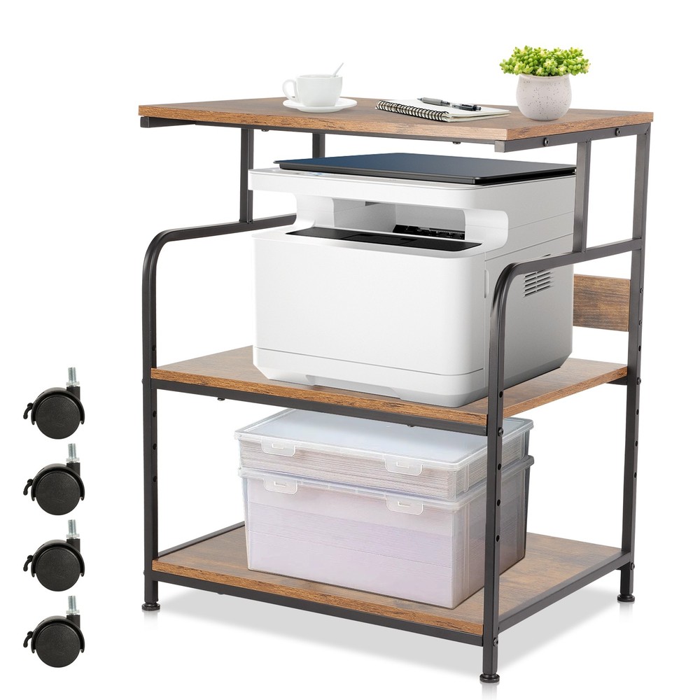 Printer Stand, 3 Tier Printer Stand with Height Adjustable Storage Shelf, Brown