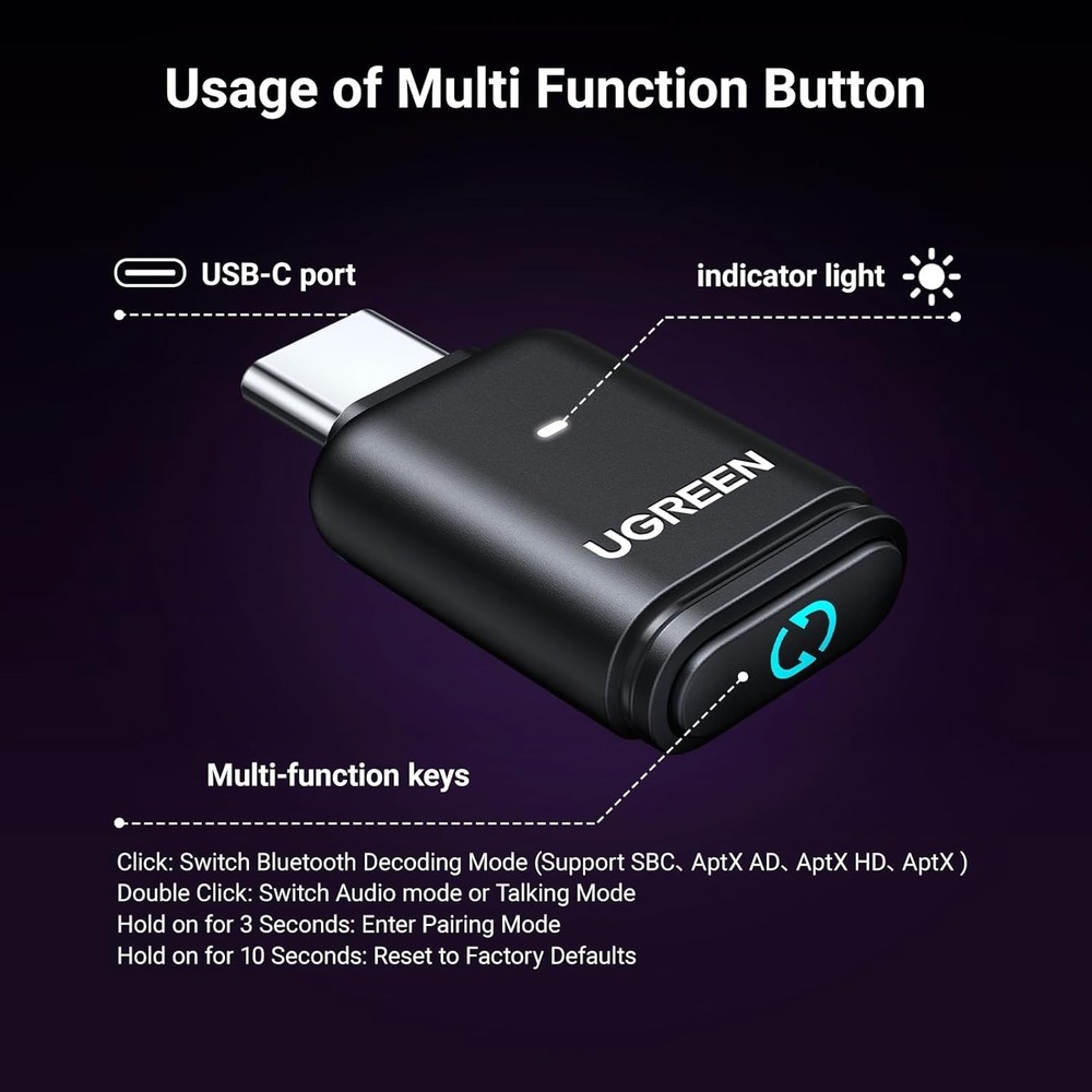 Green USB-C Bluetooth Adapter - Low Latency 5.3 Transmitter for PS5 and More
