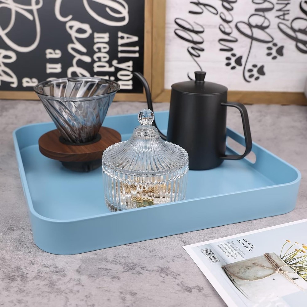 Square Blue Decorative Serving Tray with Handles, Versatile Ottoman