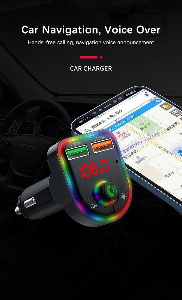 Car Bluetooth 5.3 FM Multifunction Adapter Dual USB Port Quick Charge Adapter