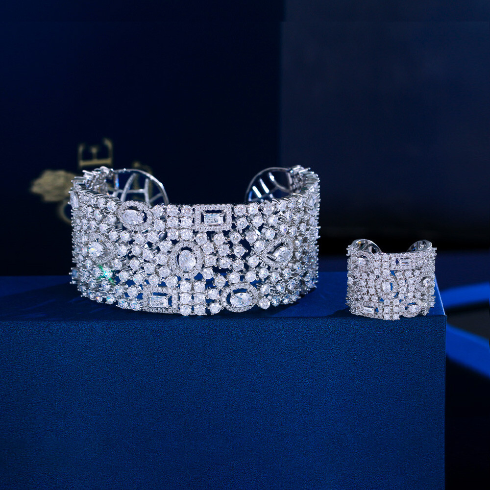 Sparkling CZ Austrian Crystal Wide Open Cuff Bangle Ring Adjustable Jewelry Set