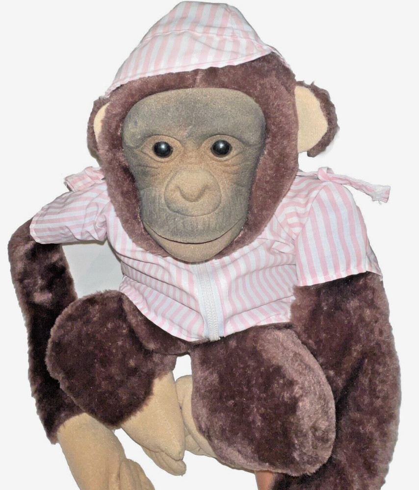 Monkey Chimp Hand Puppet Plush Jacket Hat Pink Stripes Squeaks Connecting Arms *