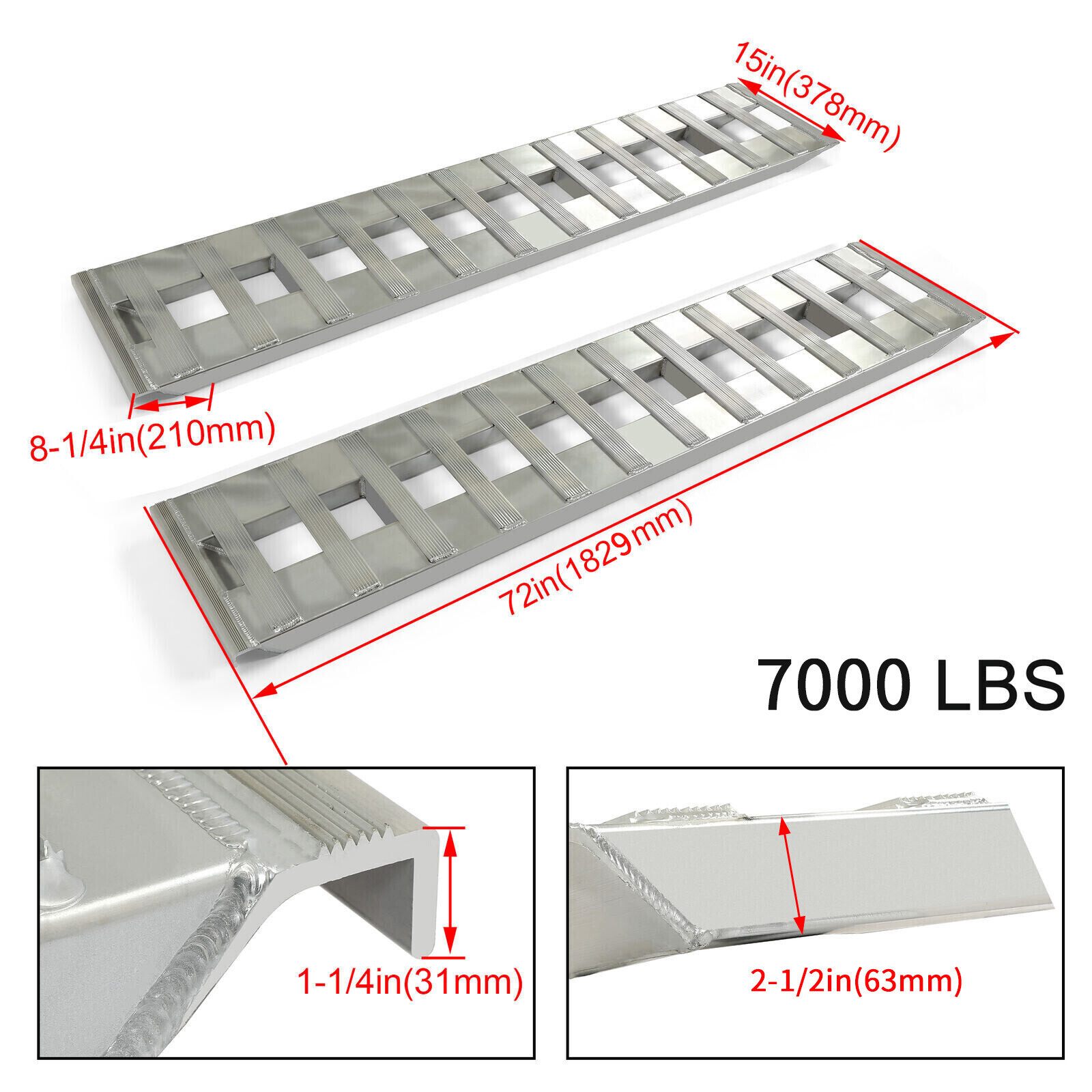 72" X 15" 7000 LBS ALUMINUM Hook Ramp CAR TRUCK TRAILER auto hauler TRACTOR Pair