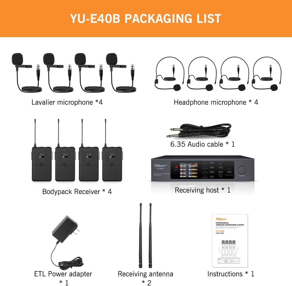 Hiberr YU-E40B Wireless Microphone System, 4 Channels Adjustable UHF Wireless