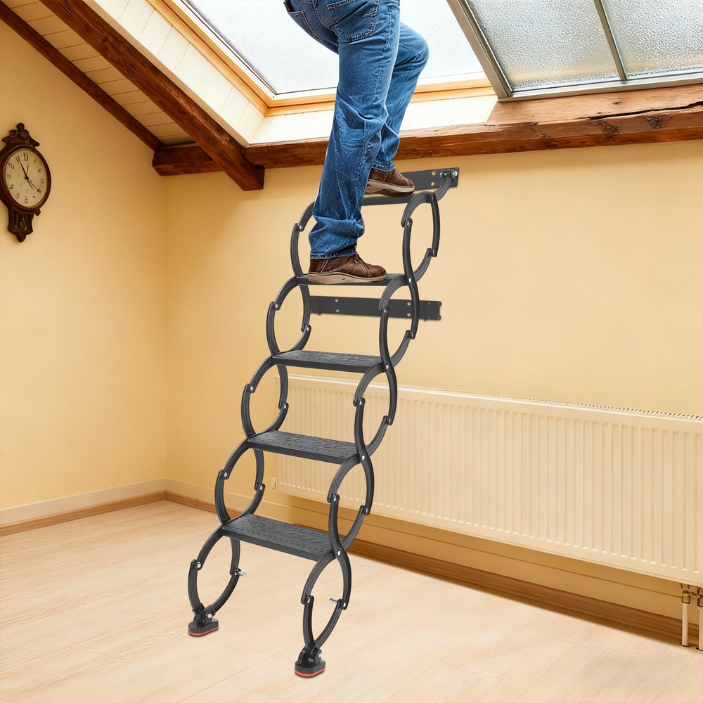 5 Steps Wall Mounted Ladder Telescoping Step Ladders Retractable Folding Stair