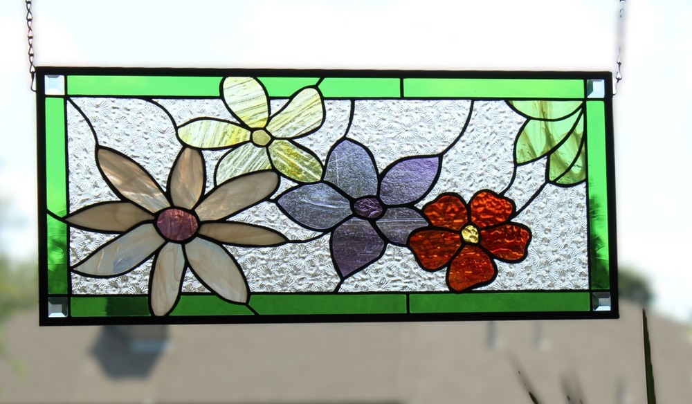 Flower Stained Glass Panel Window Hanging  panel 24 1/2"x10 1/2"