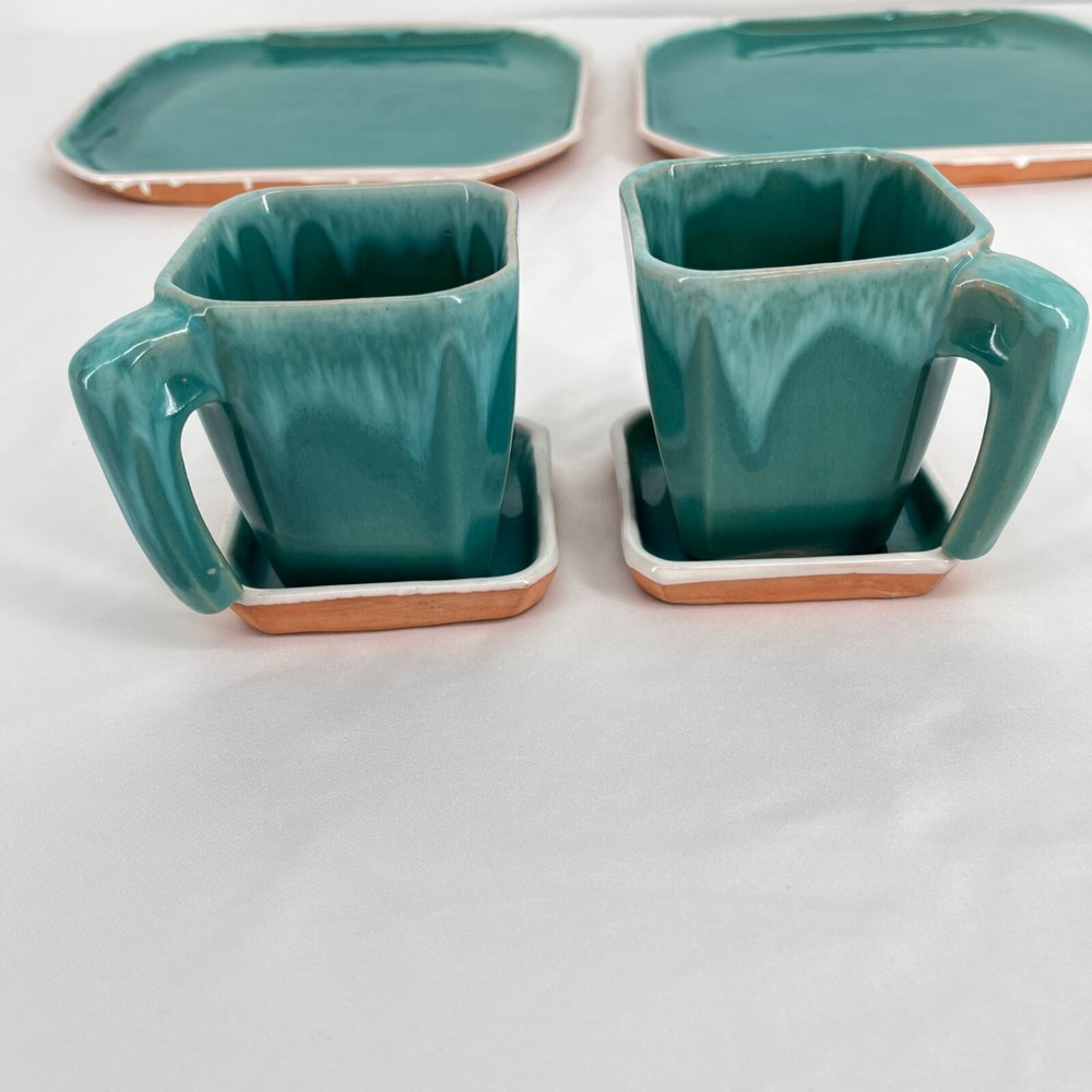 Vintage Turquoise Ceramic Dinnerware Set 6 Pieces Square Plates & Mugs