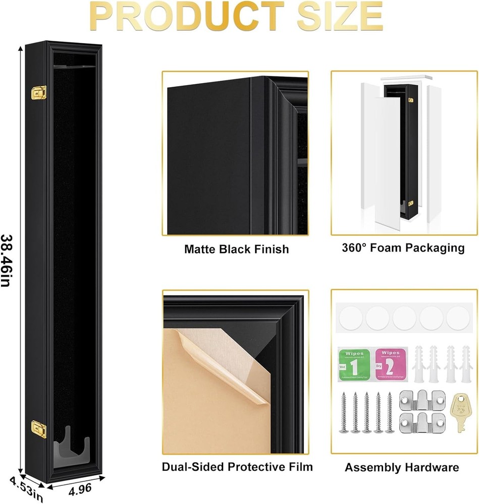 Baseball Bat Display Case Wall Mounted Vertical or 1 bat display, Black