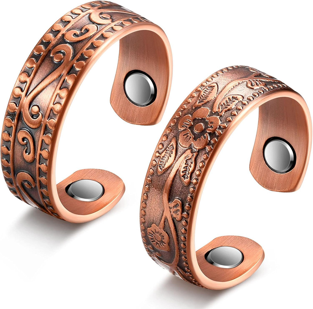 2 pcs Copper Magnetic Ring for Women Men 100% Solid Pure Copper Adjustable with