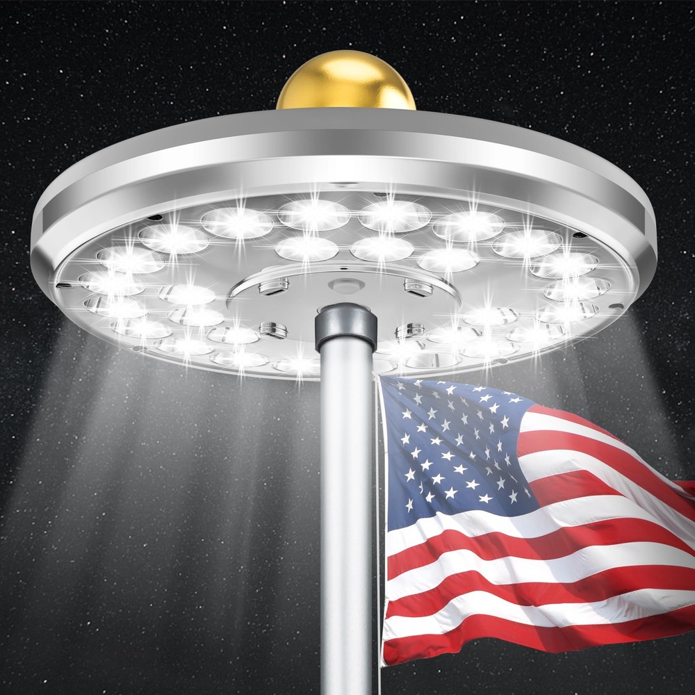 Flag Pole Light Solar Powered, 29 LED Extra Bright Silver Flagpole Light for ...