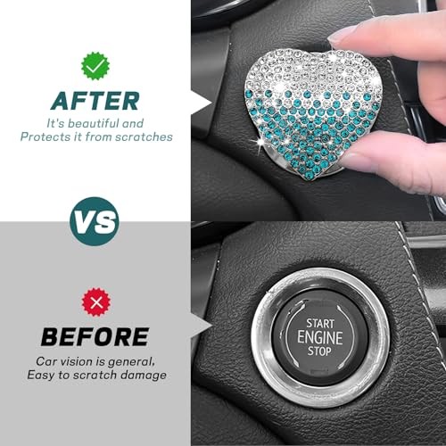 Bling Car Engine Start Button Cover, Cute Heart Shape Diamond Gradient blue