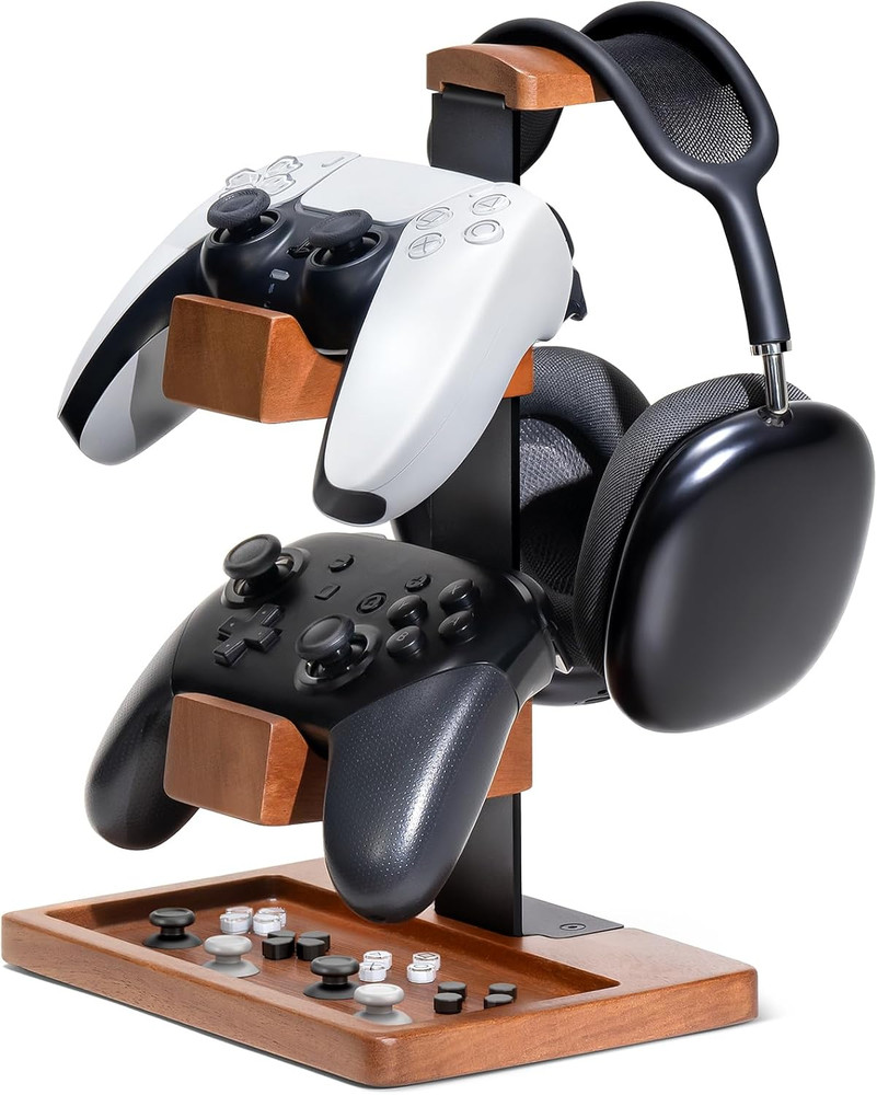 Solid Wood Controller Holder and Headphone Stand, Gaming Controller Stand for De