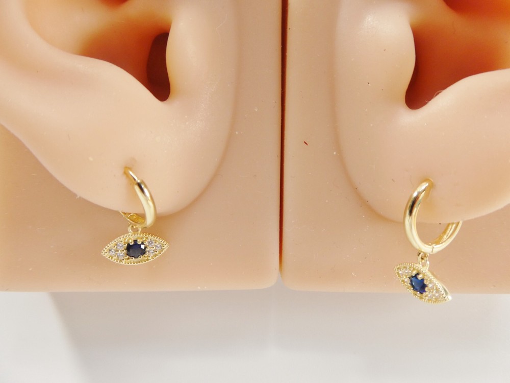 10K REAL SOLID YELLOW GOLD SAPPHIRE EVIL EYE DROPPING HOOP EARRING